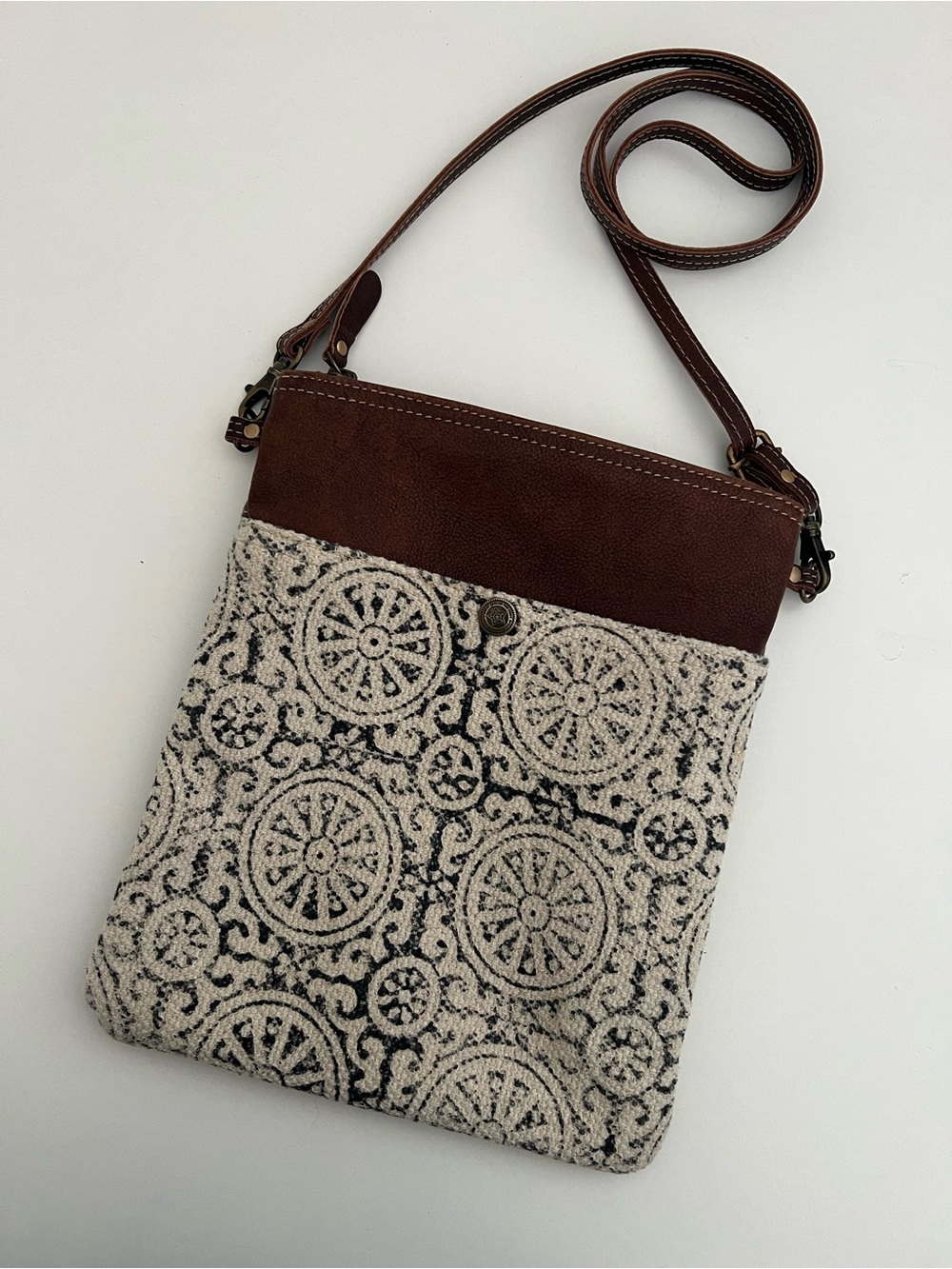 MYRA BAG-Brown Leather and Cream Patterned Crossbody Bag - Women